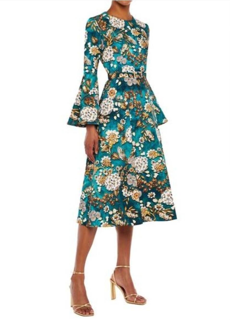 NWT $1790 Mary Katrantzou Green Floral Willow Aop Crape Midi A-Line Dress Sz 14